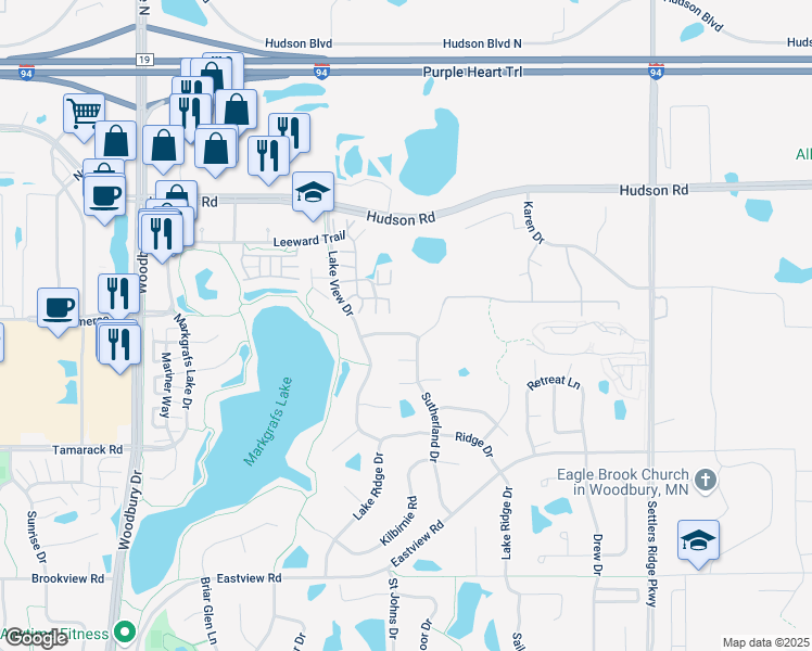 map of restaurants, bars, coffee shops, grocery stores, and more near 10480 Bay View Lane in Woodbury