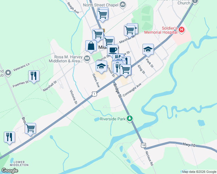 map of restaurants, bars, coffee shops, grocery stores, and more near 250 Nova Scotia Trunk 1 in Middleton