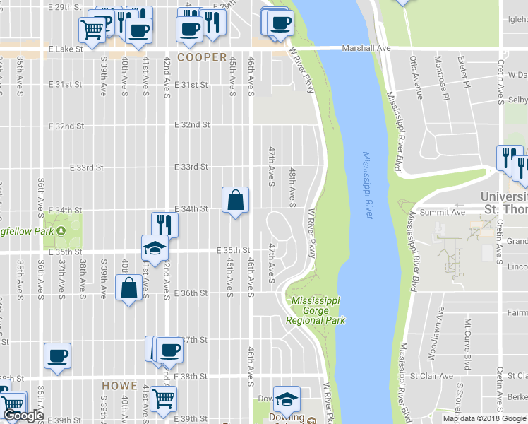map of restaurants, bars, coffee shops, grocery stores, and more near 3400 Park Terrace in Minneapolis