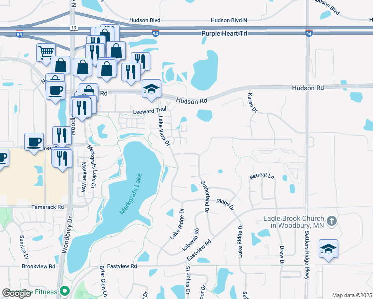 map of restaurants, bars, coffee shops, grocery stores, and more near 10480 Bay View Ln in Woodbury