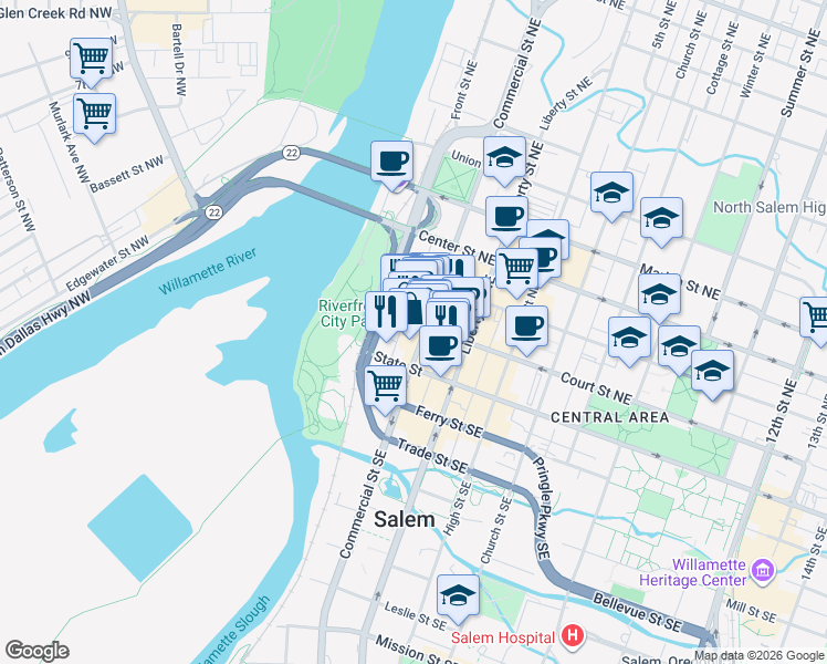 map of restaurants, bars, coffee shops, grocery stores, and more near 280 Court Street Northeast in Salem