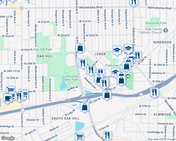 map of restaurants, bars, coffee shops, grocery stores, and more near 3280 Gorham Avenue in St. Louis Park