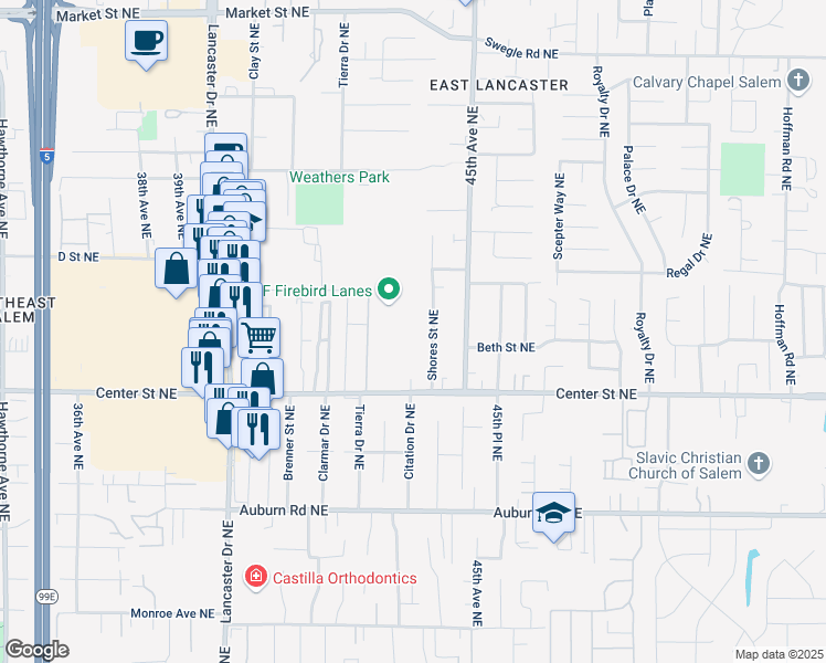 map of restaurants, bars, coffee shops, grocery stores, and more near 4341 Center Street Northeast in Salem