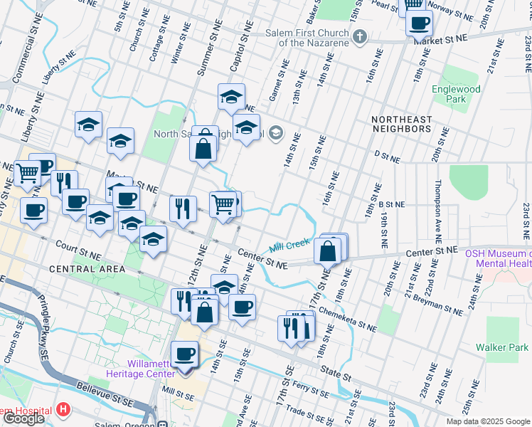 map of restaurants, bars, coffee shops, grocery stores, and more near 530 13th Street Northeast in Salem