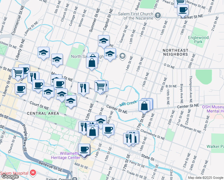 map of restaurants, bars, coffee shops, grocery stores, and more near 530 13th Street Northeast in Salem