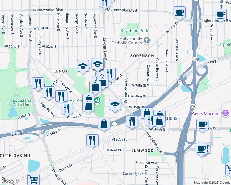 map of restaurants, bars, coffee shops, grocery stores, and more near 6218 Hamilton Street in Minneapolis