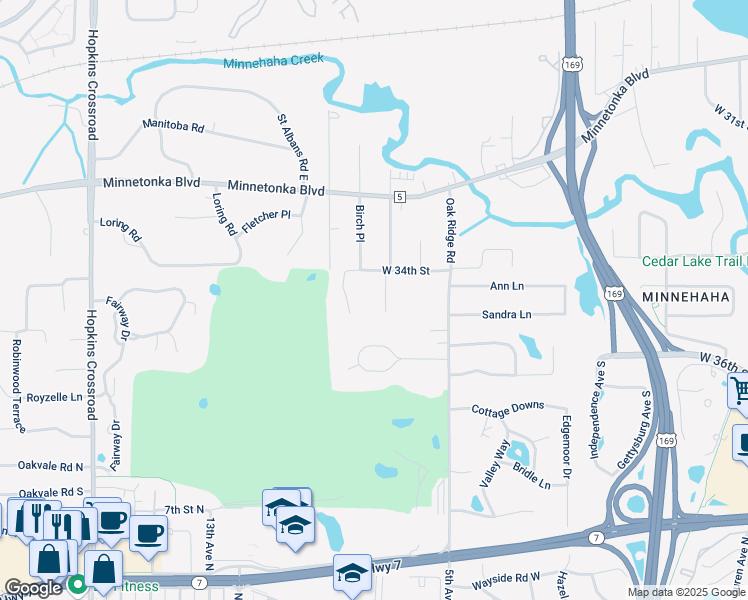 map of restaurants, bars, coffee shops, grocery stores, and more near 10402 West 34th Circle in Minnetonka