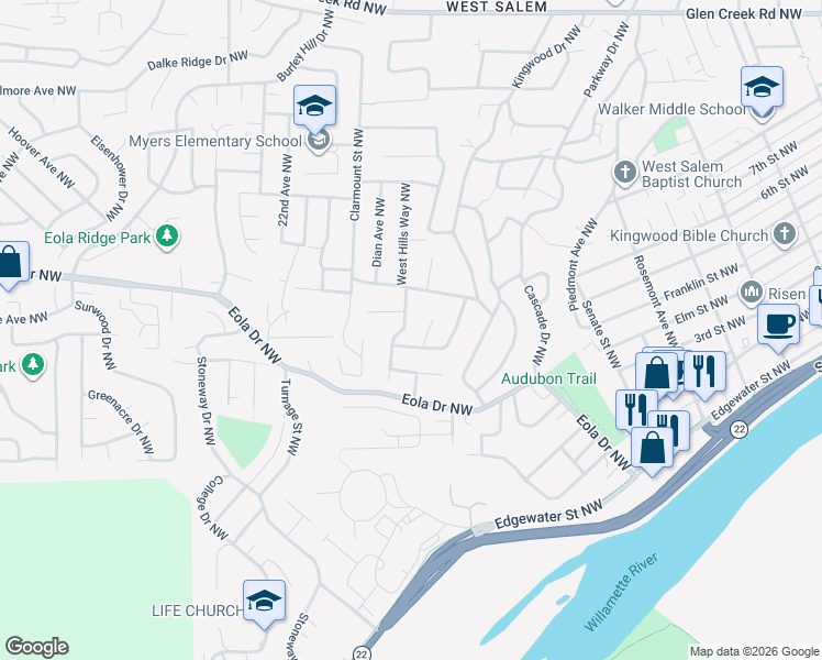 map of restaurants, bars, coffee shops, grocery stores, and more near 544 West Hills Way Northwest in Salem