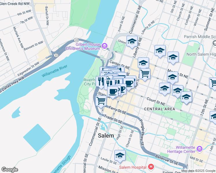 map of restaurants, bars, coffee shops, grocery stores, and more near 280 Court Street Northeast in Salem
