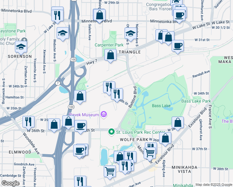 map of restaurants, bars, coffee shops, grocery stores, and more near 4906 West 35th Street in Minneapolis