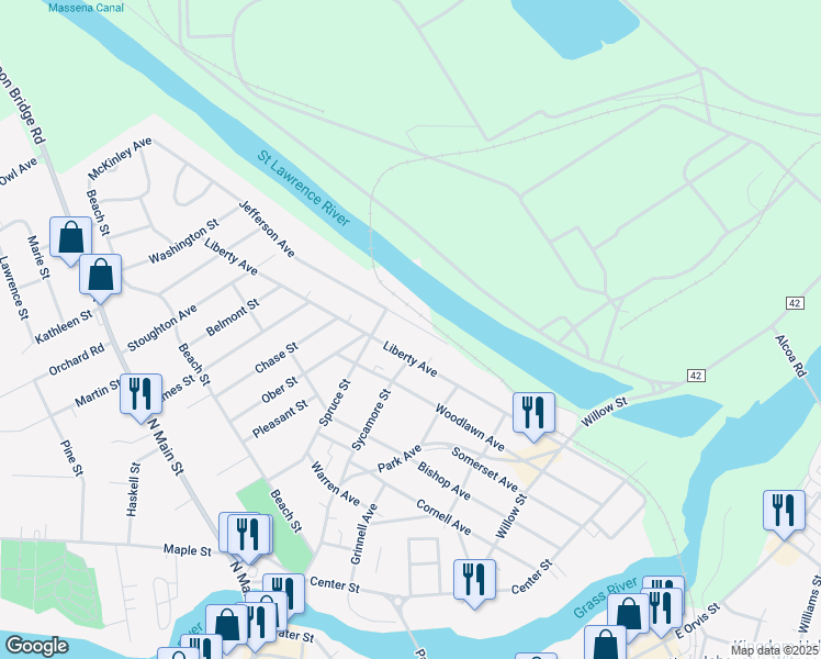 map of restaurants, bars, coffee shops, grocery stores, and more near 97 Jefferson Avenue in Massena