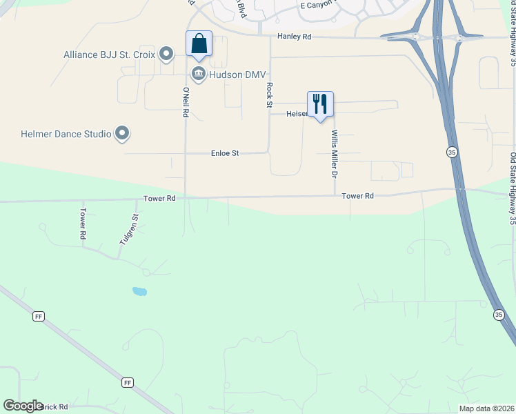 map of restaurants, bars, coffee shops, grocery stores, and more near 505 Tower Road in Hudson