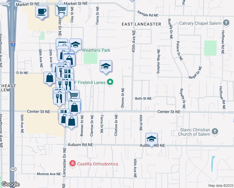 map of restaurants, bars, coffee shops, grocery stores, and more near 4341 Center Street Northeast in Salem