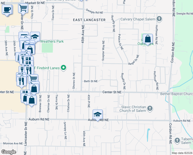 map of restaurants, bars, coffee shops, grocery stores, and more near 838 Ha-Mar Avenue Northeast in Salem