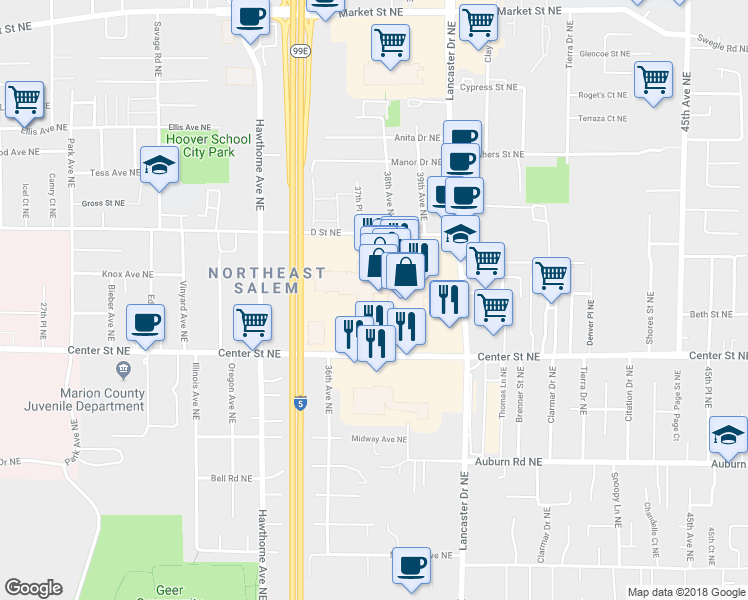 map of restaurants, bars, coffee shops, grocery stores, and more near 3803 Center St NE in Salem