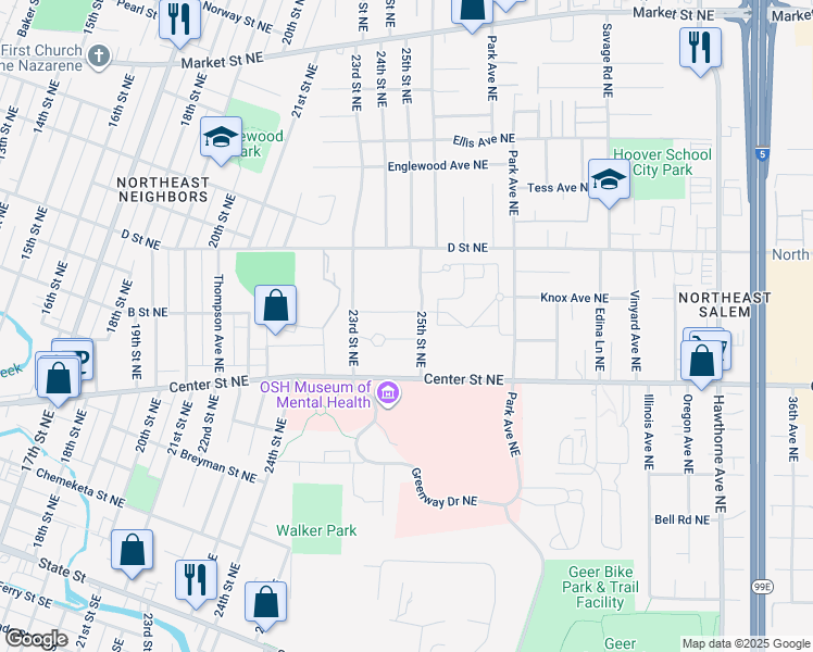 map of restaurants, bars, coffee shops, grocery stores, and more near 2720 B Street Northeast in Salem
