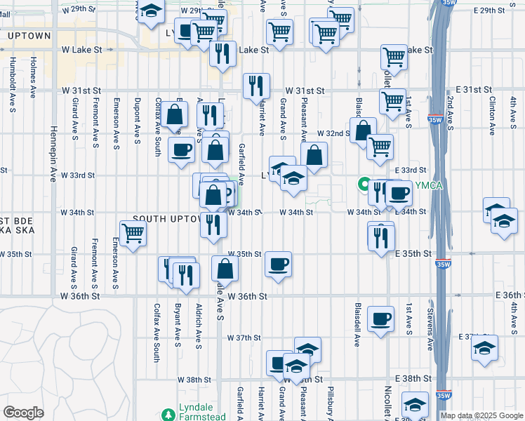 map of restaurants, bars, coffee shops, grocery stores, and more near Harriet Avenue & West 34th Street in Minneapolis