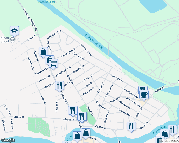 map of restaurants, bars, coffee shops, grocery stores, and more near 62 Ames St in Massena