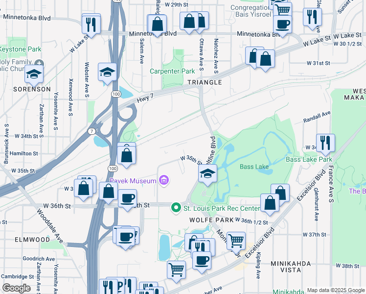 map of restaurants, bars, coffee shops, grocery stores, and more near 4906 West 35th Street in Minneapolis