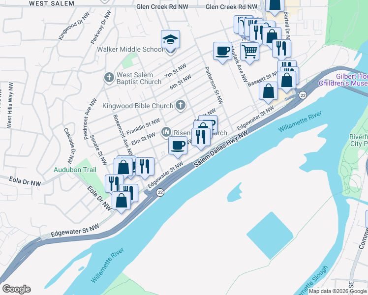 map of restaurants, bars, coffee shops, grocery stores, and more near 1168 2nd Street Northwest in Salem