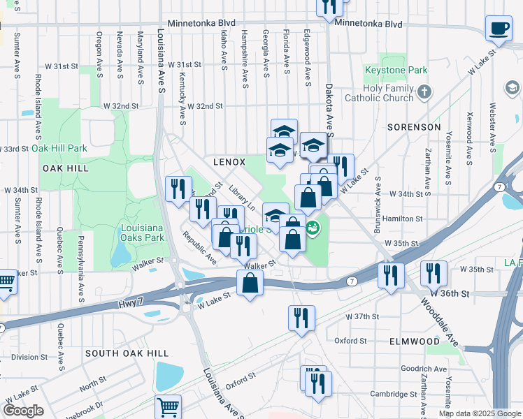 map of restaurants, bars, coffee shops, grocery stores, and more near 3351 Library Lane in Minneapolis