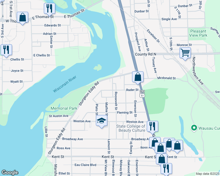 map of restaurants, bars, coffee shops, grocery stores, and more near 412 Ruder Street in Wausau