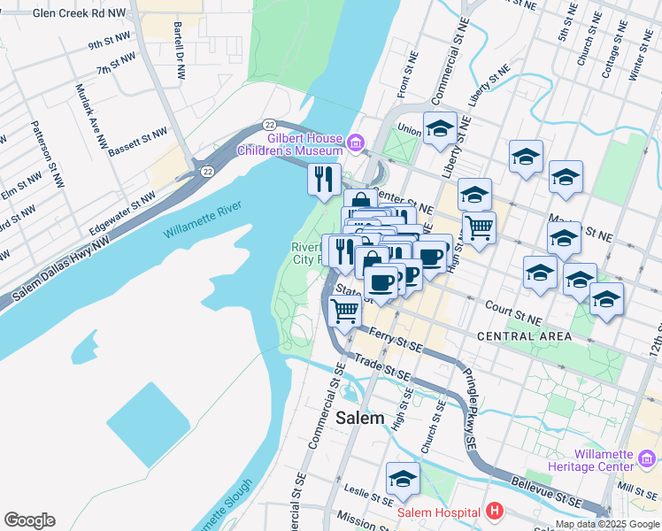map of restaurants, bars, coffee shops, grocery stores, and more near 180 Court Street Northeast in Salem
