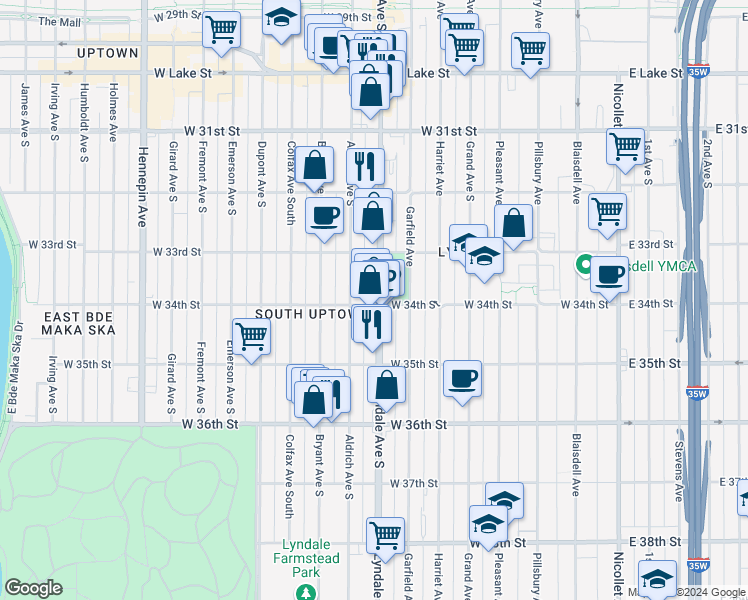 map of restaurants, bars, coffee shops, grocery stores, and more near 3346 Lyndale Avenue South in Minneapolis