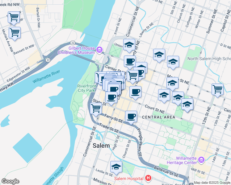 map of restaurants, bars, coffee shops, grocery stores, and more near 363 Court Street Northeast in Salem