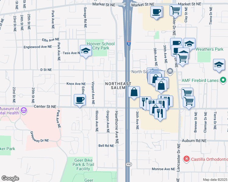 map of restaurants, bars, coffee shops, grocery stores, and more near 813 Hawthorne Avenue Northeast in Salem