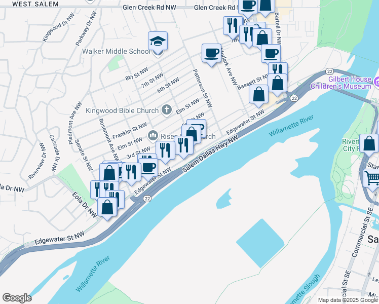 map of restaurants, bars, coffee shops, grocery stores, and more near 1115 Edgewater Street Northwest in Salem