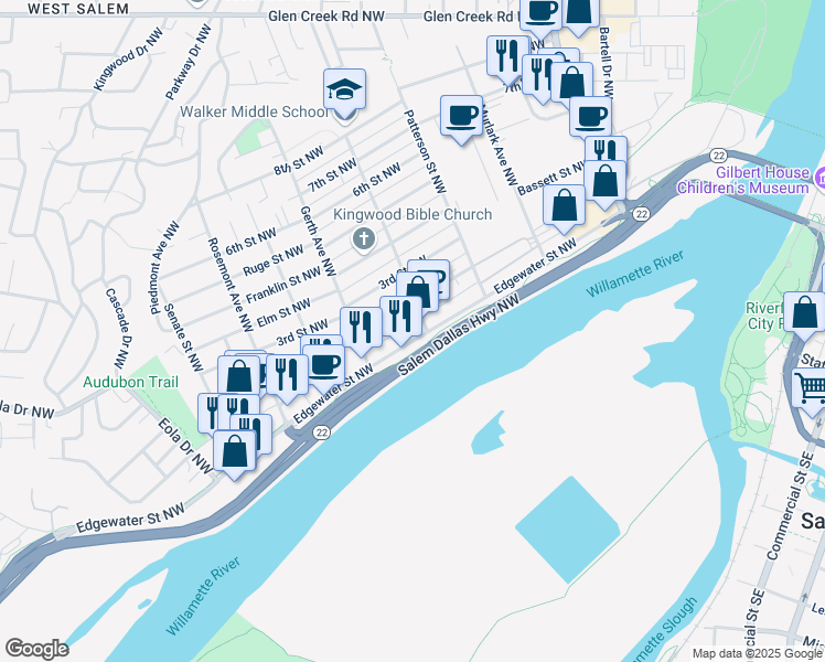 map of restaurants, bars, coffee shops, grocery stores, and more near 1115 Edgewater Street Northwest in Salem