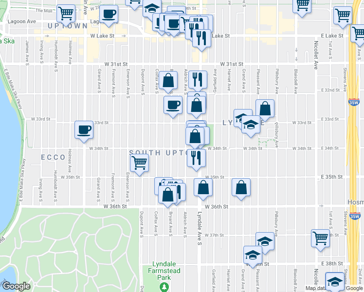 map of restaurants, bars, coffee shops, grocery stores, and more near 3350 Aldrich Avenue South in Minneapolis
