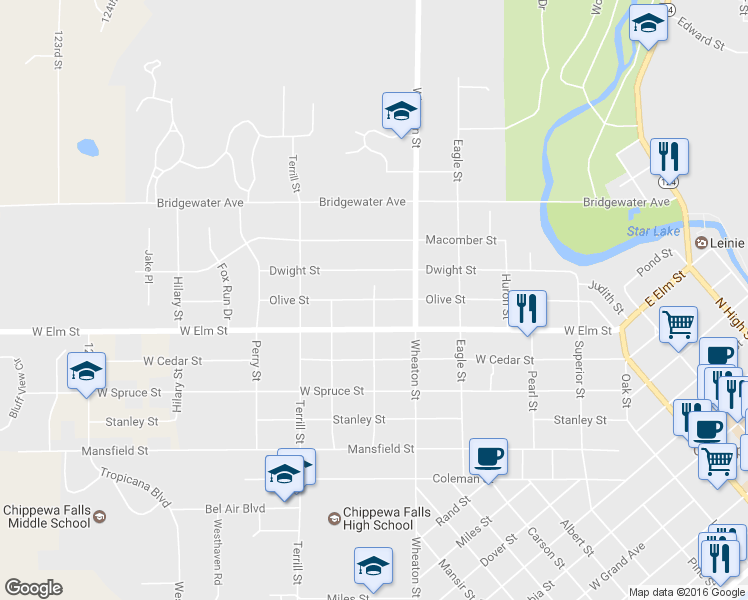 map of restaurants, bars, coffee shops, grocery stores, and more near 1198 Saint Augustine Street in Chippewa Falls