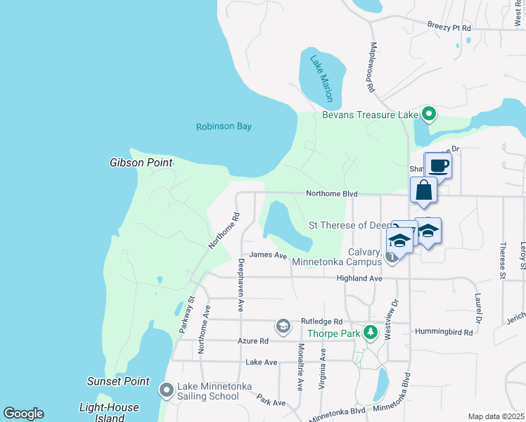 map of restaurants, bars, coffee shops, grocery stores, and more near 3445 Deephaven Avenue in Wayzata