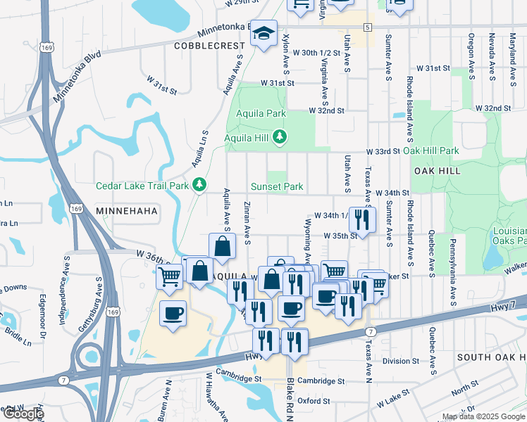 map of restaurants, bars, coffee shops, grocery stores, and more near 3416 Yukon Avenue South in Minneapolis