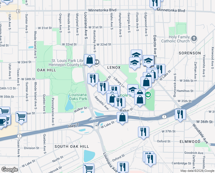 map of restaurants, bars, coffee shops, grocery stores, and more near 3312 Brownlow Avenue in Minneapolis
