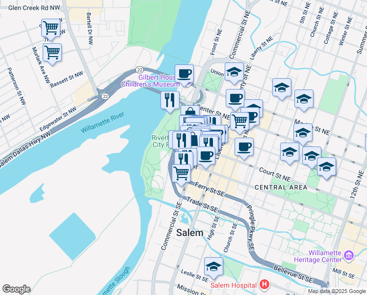 map of restaurants, bars, coffee shops, grocery stores, and more near 180 Court Street Northeast in Salem