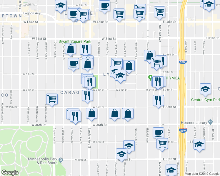 map of restaurants, bars, coffee shops, grocery stores, and more near in Minneapolis