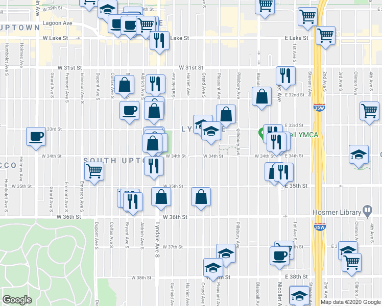 map of restaurants, bars, coffee shops, grocery stores, and more near in Minneapolis