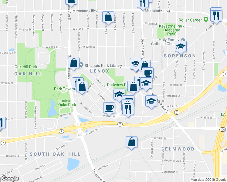 map of restaurants, bars, coffee shops, grocery stores, and more near 3351 Library Lane in Minneapolis