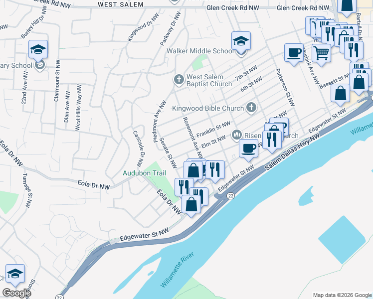 map of restaurants, bars, coffee shops, grocery stores, and more near 1479 Elm Street Northwest in Salem