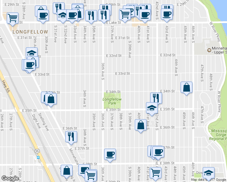 map of restaurants, bars, coffee shops, grocery stores, and more near 3700 East 34th Street in Minneapolis