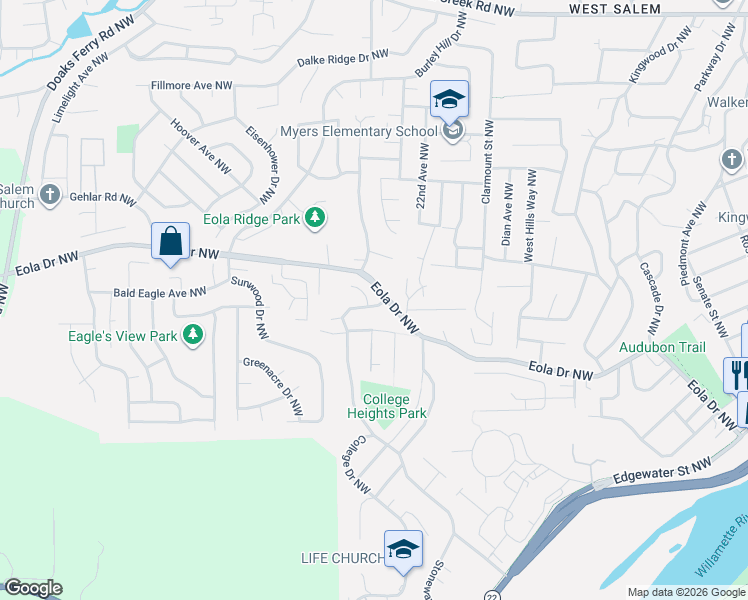 map of restaurants, bars, coffee shops, grocery stores, and more near 555 Winners Court Northwest in Salem