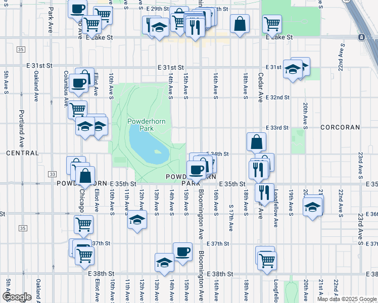 map of restaurants, bars, coffee shops, grocery stores, and more near 3341 South 15th Avenue in Minneapolis