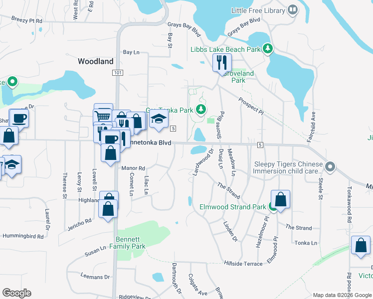 map of restaurants, bars, coffee shops, grocery stores, and more near 3407 Groveland Lane in Minnetonka