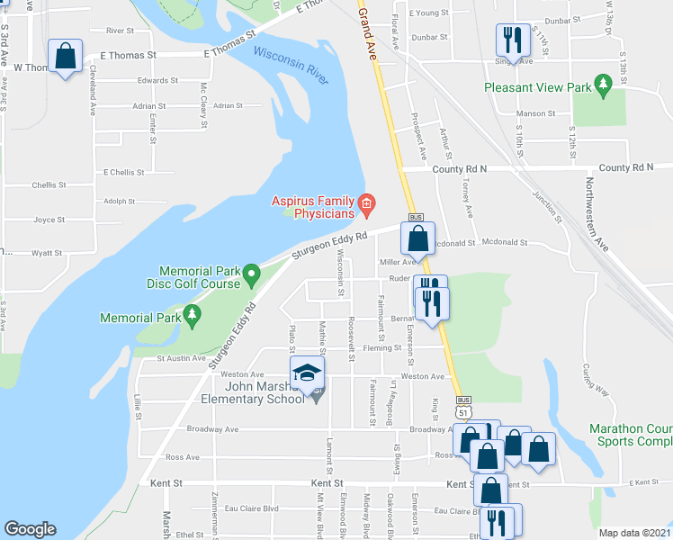 map of restaurants, bars, coffee shops, grocery stores, and more near 412 Ruder St in Wausau