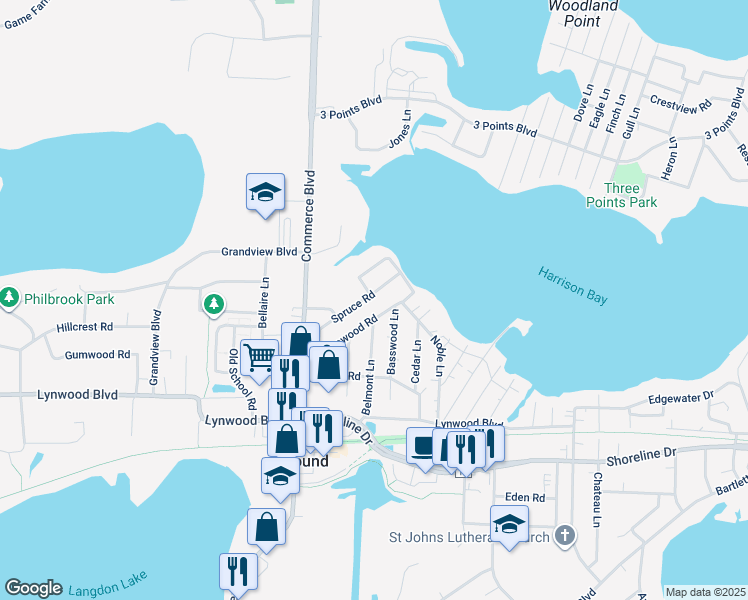 map of restaurants, bars, coffee shops, grocery stores, and more near 5505 Spruce Road in Mound