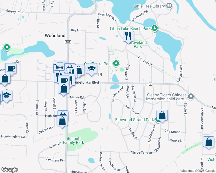 map of restaurants, bars, coffee shops, grocery stores, and more near 3407 Groveland Lane in Minnetonka