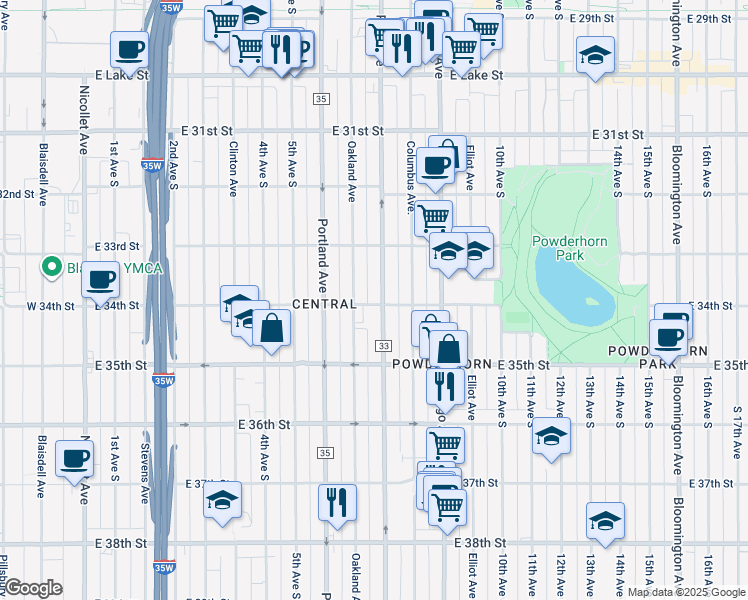 map of restaurants, bars, coffee shops, grocery stores, and more near 3356 Park Avenue in Minneapolis